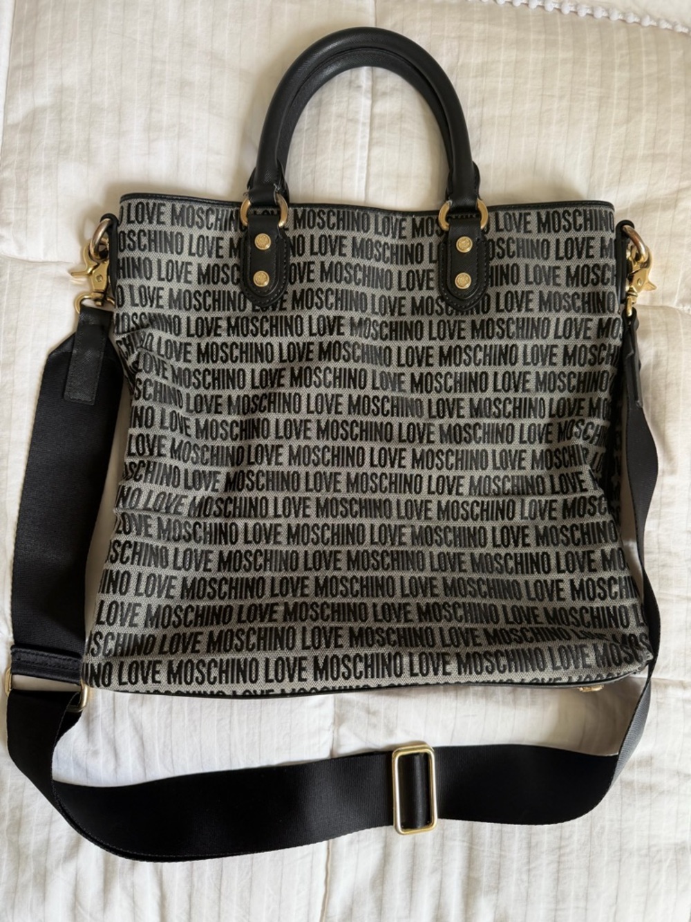 Love Moschino Black and Gray Logo Jacquard Satchel with Strap